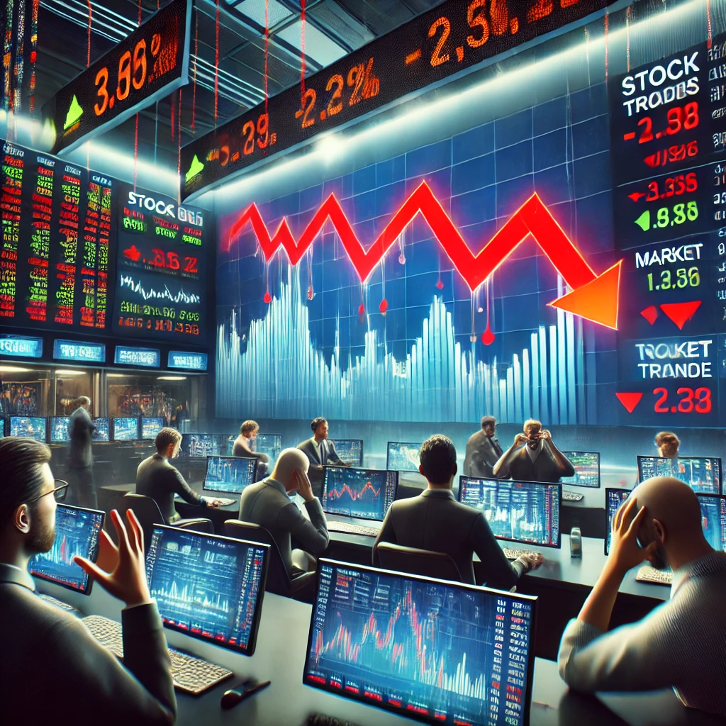 DALL%C2%B7E 2025 02 03 18.28.27 A Realistic Depiction Of The Stock Market With A Trading Screen Showing Stock Prices Fluctuating A Red Downward Trend Graph Indicating Market Decline